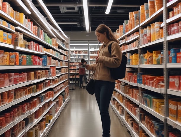 A person stands in the aisle of a store, browsing items on the shelves while looking at their phone. The shelves are filled with various snacks and packaged goods. Overhead fluorescent lights illuminate the space, and there is signage advertising discounts.