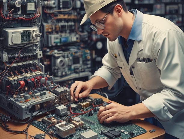 An industrial setting with machinery including a circular metal platform and electronic control panels mounted on a tiled wall. Various pipes and wires run along the walls and ceiling, with different mechanical components visible.