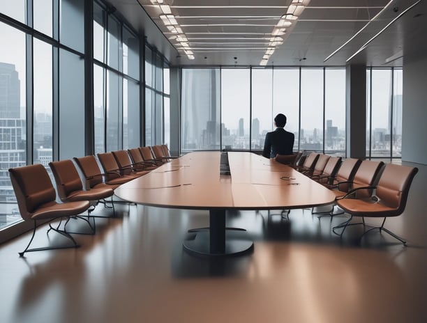 A man in a light blue shirt is seated at a large conference table, which has a colorful circular design featuring an intricate pattern and the word 'Kaleidico' in the center. The table is set in a modern office environment with black chairs, a wall with mirrors, and electronic equipment in the background.