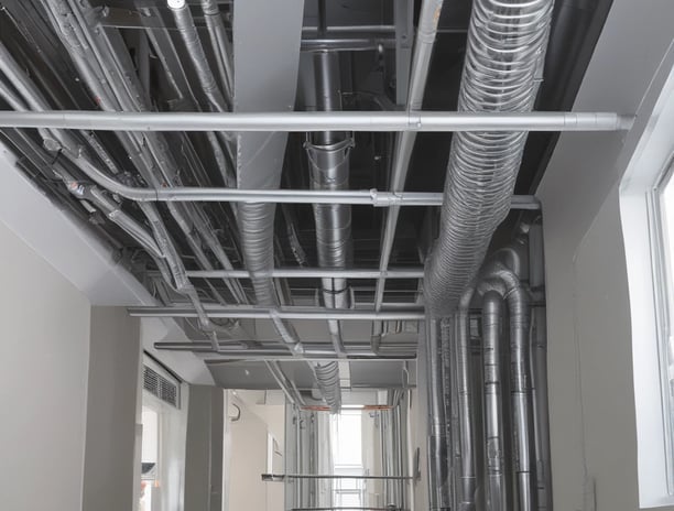 Multiple air conditioning units are mounted on the exterior of a tall building's facade. The structure features numerous small rectangular windows, many of which are open. Vertical red lines divide the facade, creating a repetitive pattern. The overall look is industrial and urban.