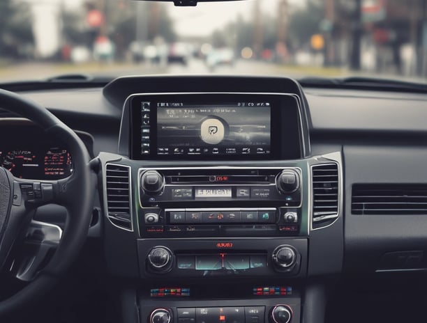 A car dashboard displays a digital infotainment system screen. The screen shows a radio interface with various channels like BBC R1, BBC R2, and BBC R6M. The current station playing is Capital DANCE with a song by Tall Paul. The interface includes options for radio, media, phone, and voice control, and the current time is displayed.