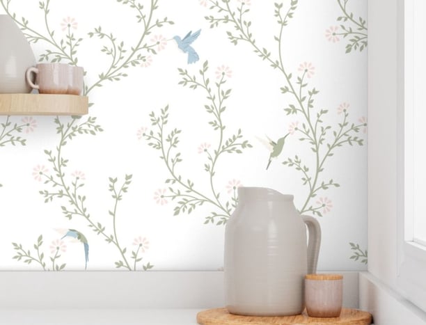 hummingbird white green and blue floral wallpaper