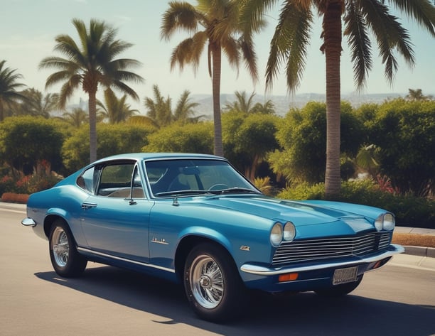A picture of an older, blue, sports car on a road with palm trees in the background.