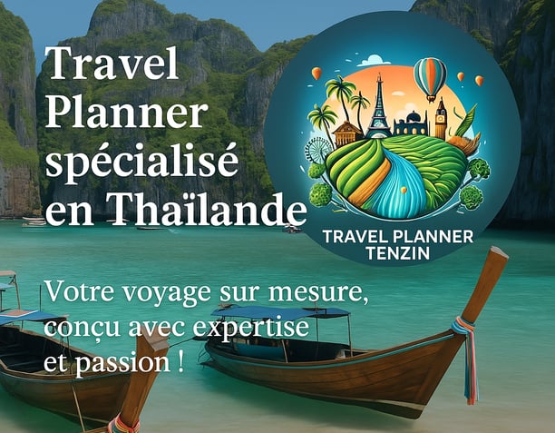 Logo Tenzin Travel Planner avec paysage de Thaïlande, bateau traditionnel et slogan "Votre voyage su
