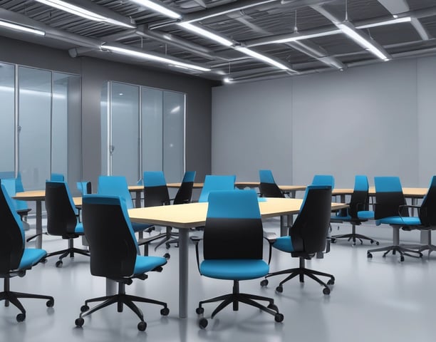 empty black rolling chairs at cubicles