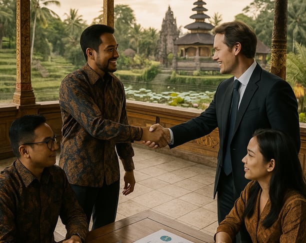 a man and woman shaking hands over a table