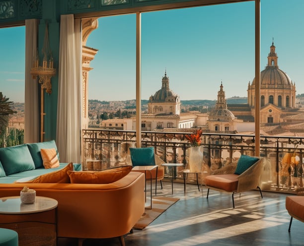 a living room with a view of a city in Spain