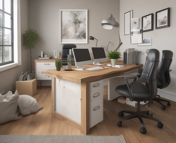 A person seated at a desk, organizing a stack of papers. Shelves filled with parcels and a potted plant in the background suggest an office or mailroom setting. The person has a focused expression, wearing a black shirt, and reaching out to pick up papers.