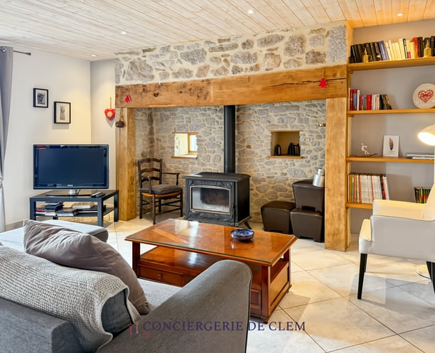 grand séjour, canapé, fauteuil, cheminée dans le cantal