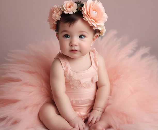 a cute baby girl dressed in a peach fluffy tutu with a flower headband
