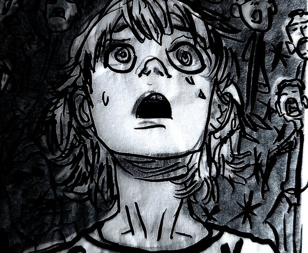 Captivity by J Gatsby 2025 The girl, eyes aghast, mouth wide open in horror