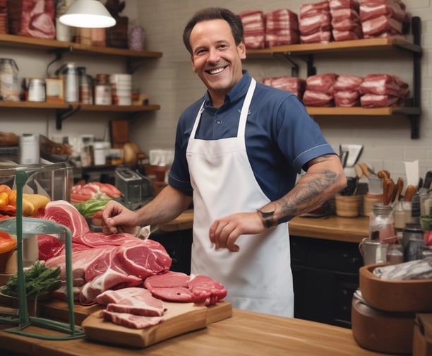 A butcher stands behind a wooden counter in a bustling market environment. The interior is warmly lit with exposed piping and a neon sign overhead advertising Market Spice. Various cuts of meat are displayed in refrigerated cases, and the space is vibrant with activity.