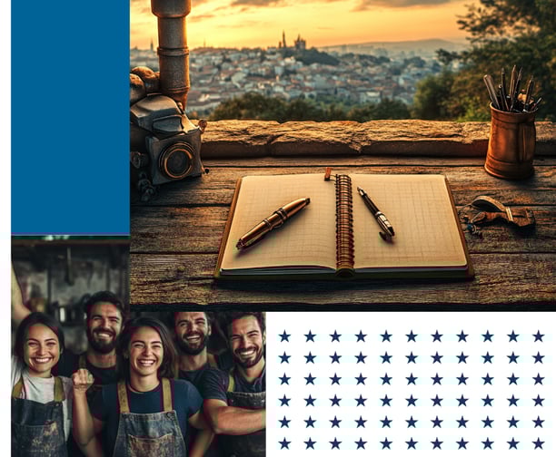 Journal with celebrating people and blue stars
