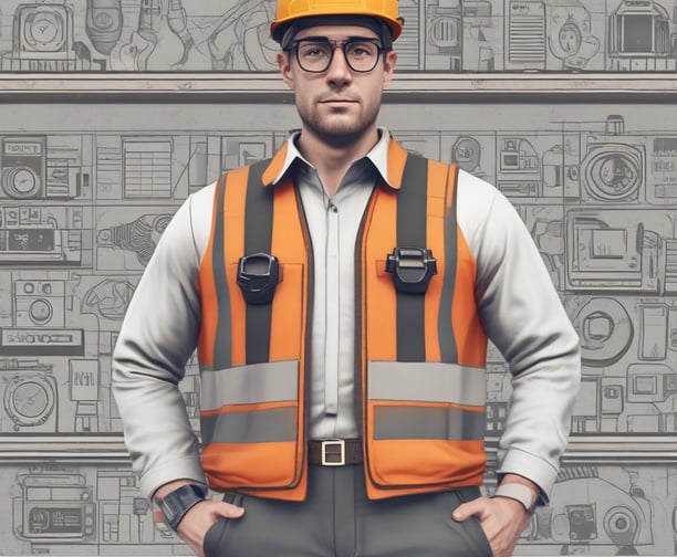A woman wearing a red safety helmet and yellow earmuffs operates a surveying instrument mounted on a tripod. She is standing in a construction area with a compact excavator in the background. Her casual attire includes a white eyelet blouse and blue jeans, and she is holding a digital level.