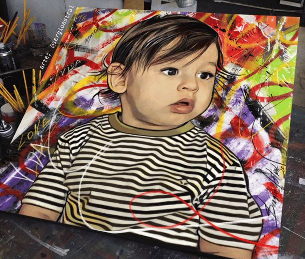a painting of a baby's face on a canvas, artista sergio astral
