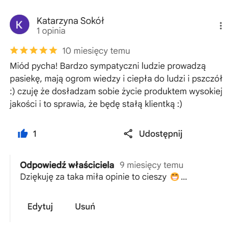 Opinia z google maps dla pasieki miodex z Gorzowa Wlkp.
