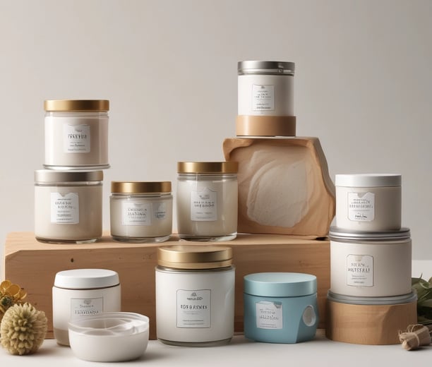 A collection of cosmetic bottles and containers are arranged artfully alongside smooth black stones. The containers are sleek, with elegant labels displaying ornate designs in golden hues against a dark background. The arrangement and lighting create a serene and luxurious aesthetic.