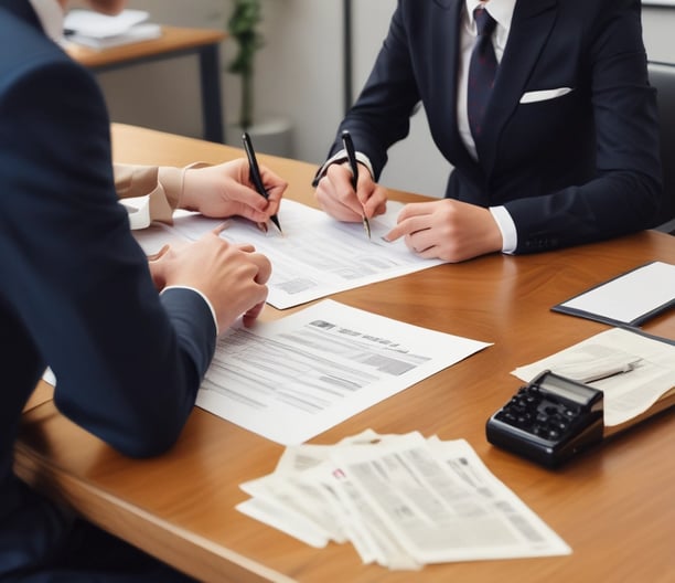A man and a woman are seated at a desk signing a document while a notary observes the signatures.