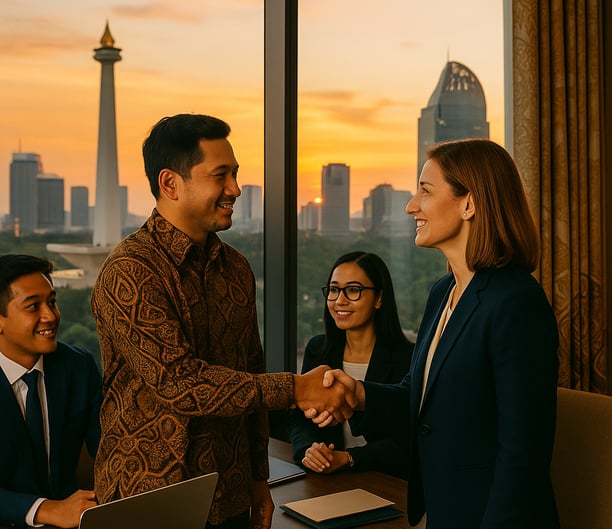 a man and woman shaking hands in a meeting room