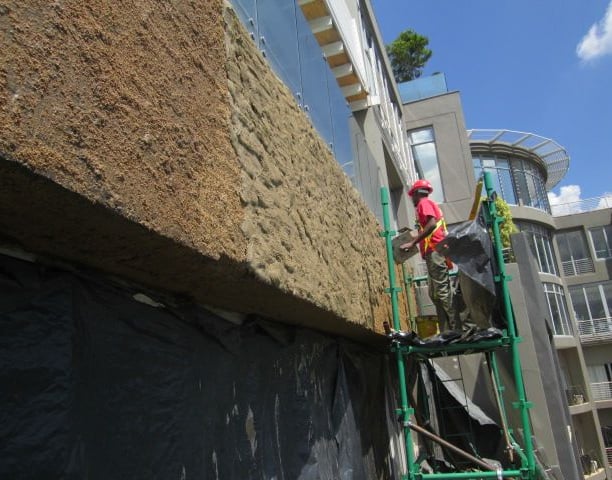 Specialized waterproofing plaster application on multiple story building, Sandhurst Towers, Sandton