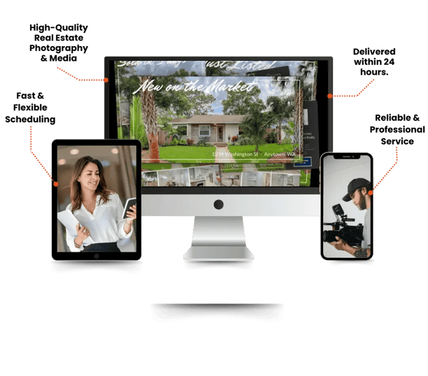 Real estate media services graphic showing fast scheduling, HDR photography, and 24-hour delivery on all devices