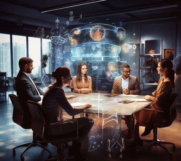 A diverse group of professionals brainstorming in a modern office setting with AI holographic projections showcasing innovati