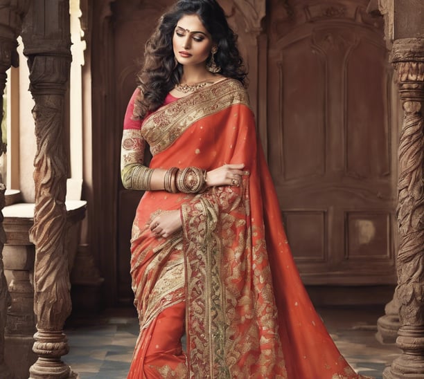 woman in red and white sari dress walking on sidewalk during daytime