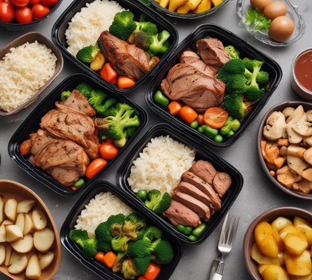 An assortment of meal prep containers with a variety of foods including grilled chicken with a lemon slice, zucchini noodles, and a dish with sauce over greens. Surrounding these are ingredients like fresh Swiss chard, a red onion, eggs in a carton, garlic cloves, and a small bowl of olive oil with a sprig of rosemary.