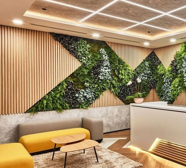 décoration murale entreprise hall accueil panneau 3d et végétale