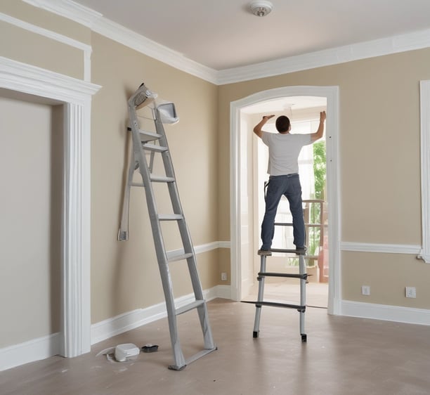 People are working on the interior renovation of a room that appears to be under construction. A worker on a scaffold is painting the ceiling, while others are seated or discussing the progress. The room has smooth, gray walls with arched recesses and a modern design vibe. There are tools and materials scattered around, including a ladder, paint cans, and some rocks or construction debris on the floor. Overhead, stylish pendant lights provide illumination as natural light streams in from windows.
