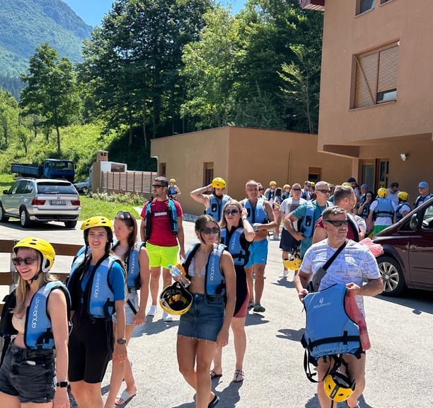 Guests walking towards the Neretva rafting launch point for an exciting adventure