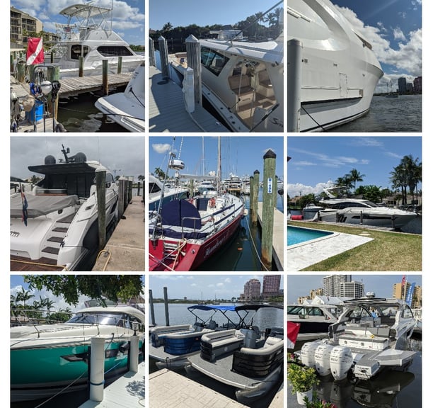 a collage of photos of boats docked at a dock