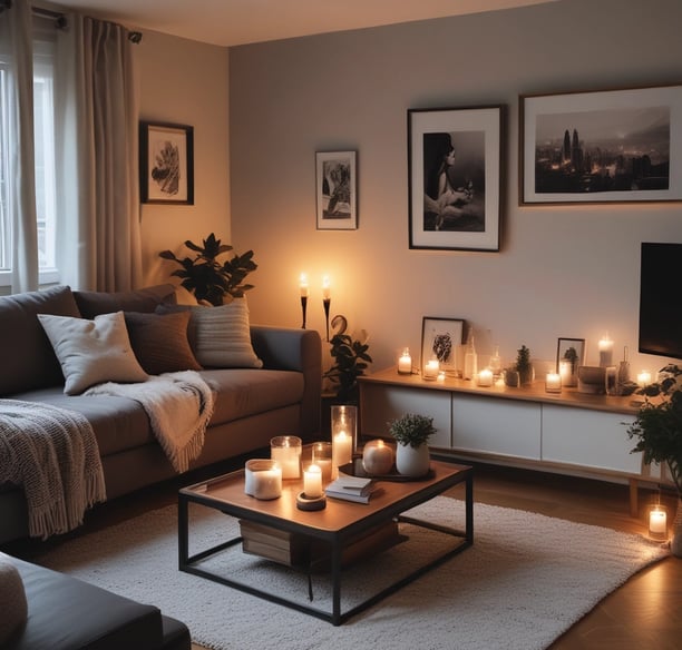 A collection of handcrafted items on a table including wooden candle holders, lamps with gray textured shades, and decorative bowls. A woven leather bag is visible on the right, while various materials and tools can be seen in the background.