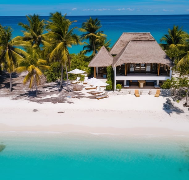 a beach with a thatched roof and palm trees