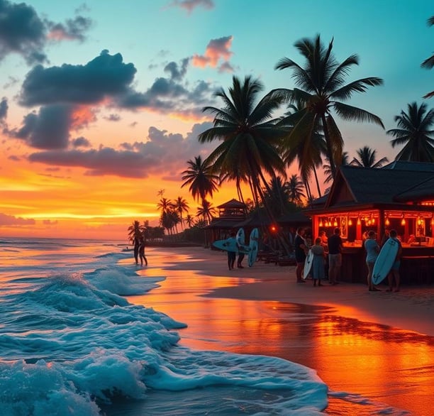 a beach with people standing on the sand