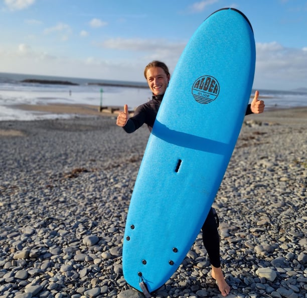 A surfer holding a blue surfboard giving two thumbs up