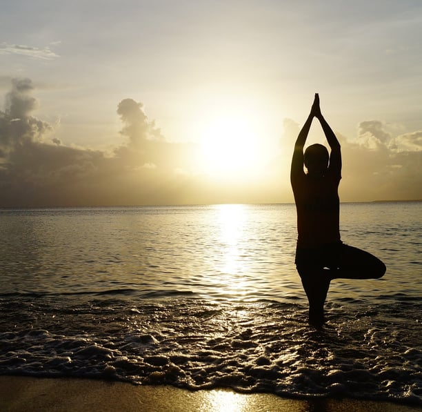 A yogi in tree pose standing in knee deep sea water