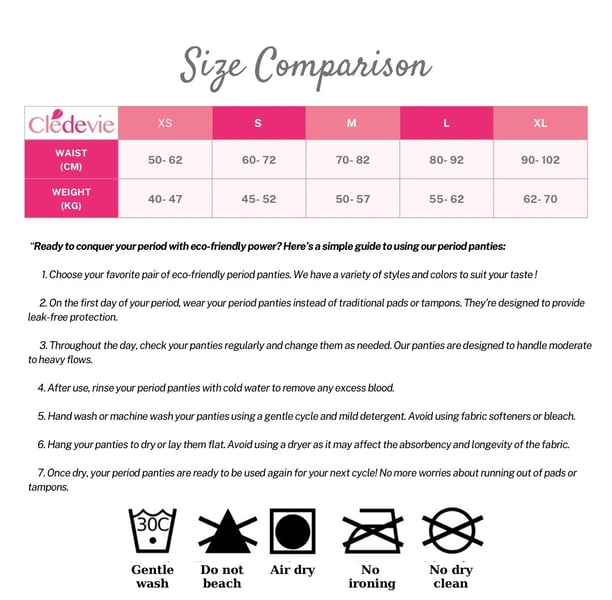 a size comparison of size for period undies and pantie