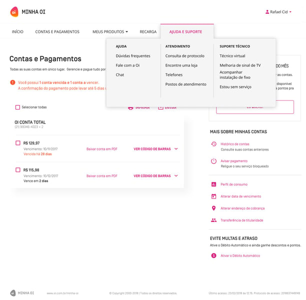 Menu ajuda e suporte Minha Oi