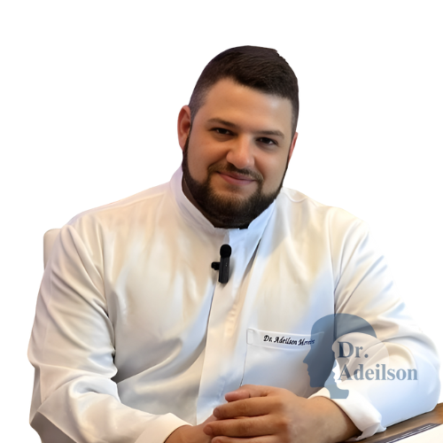 dr. Adeilson sentado com o jaleco em uma consulta