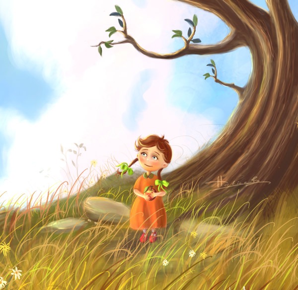 cute cartoon girl standing under an apple tree, holding an apple, surrounded by soft summer grass