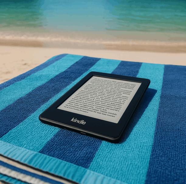 A Kindle Paperwhite on a beach towel on a Thai Beach with the ocean in the background