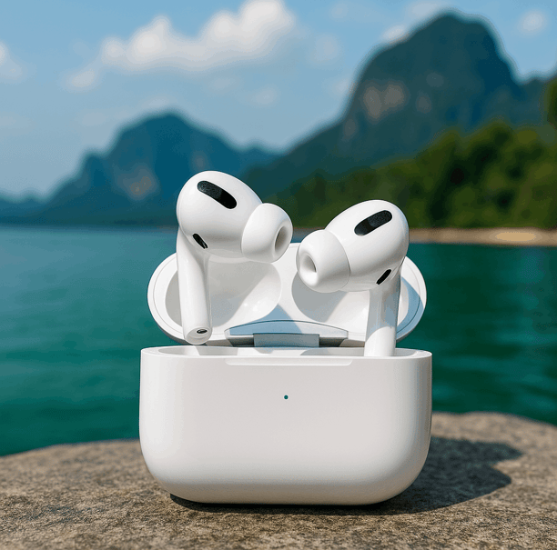 AirPods Pro 2 sitting on a stone on a Thailand Beach with the ocean in the background