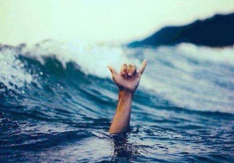 A hand coming out of the sea making a shaka