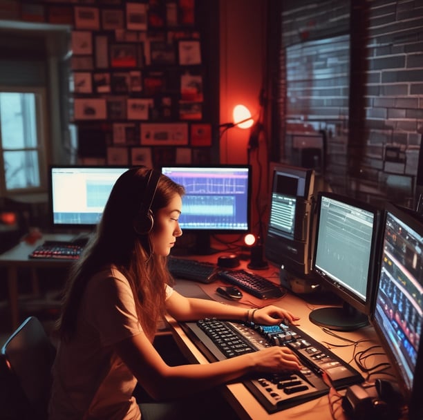 A girl working at a music production setup with a large monitor displaying music editing software.