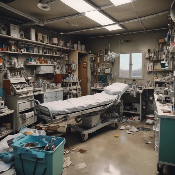A workbench is cluttered with technology repair tools and disassembled electronic devices. Multiple laptops are open, and an overhead lamp provides focused lighting on the workspace. A backpack sits at the back, amidst a disarray of tools such as screwdrivers, a utility knife, and an organized box of small components. Various pieces of electronic hardware and circuit boards are spread out on the table.