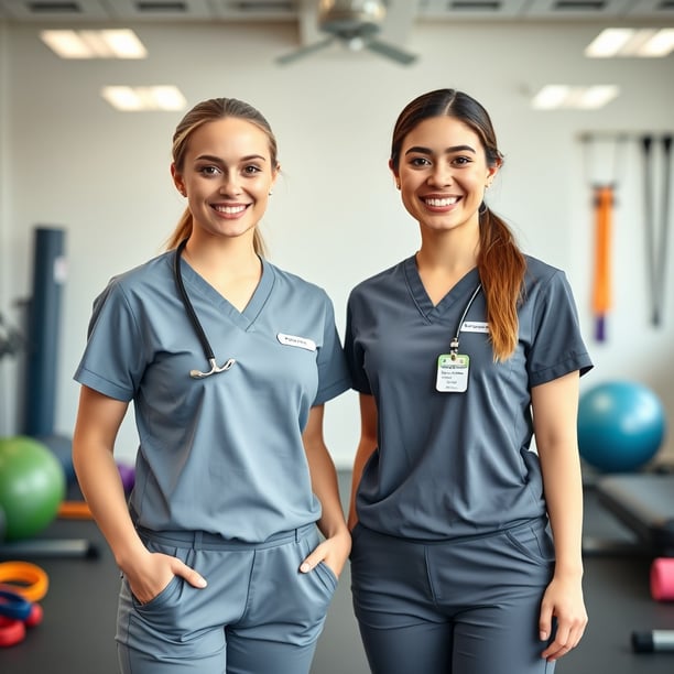 Dos fisioterapeutas sonrientes posando juntas en un entorno de gimnasio.