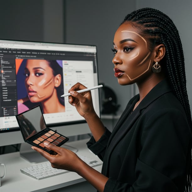 a woman with a digital pen and makeup palette in her hand