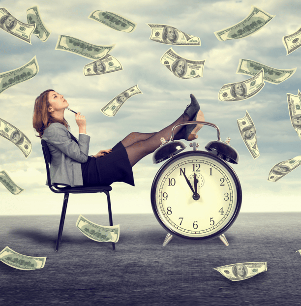 a woman sitting in a chair with money bills coming out of her feet
