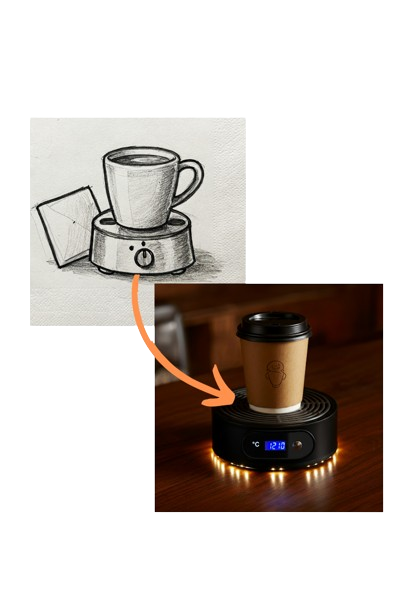 Image of a napkin sketch of a coffee warmer being turned into an actual product, a coffee warmer.